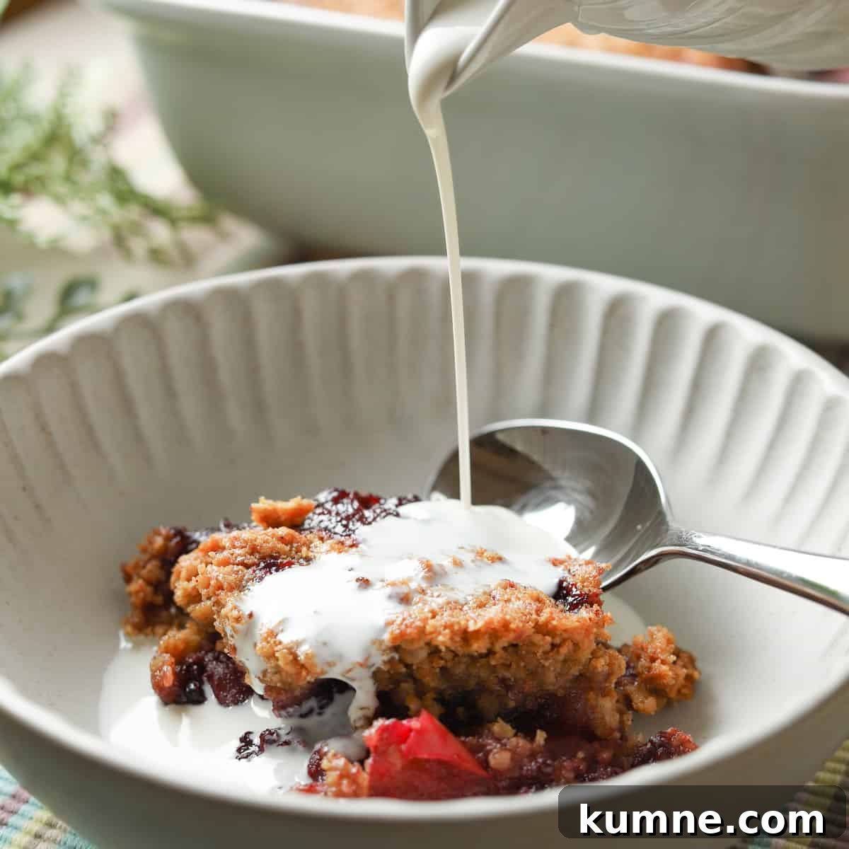 Photo of a bowl of vegan and gluten-free apple and blackberry crumble with cashew cream being poured on top.