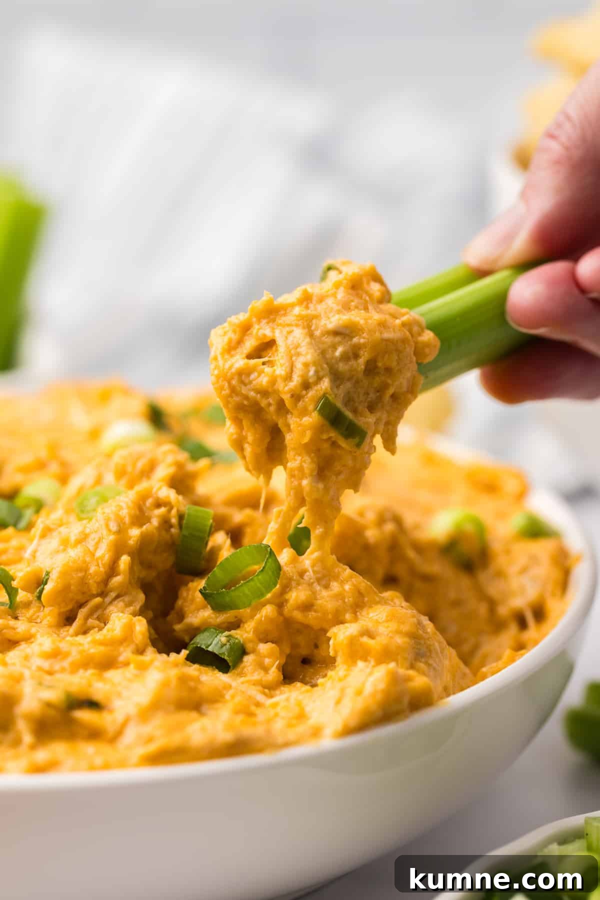 Slow Cooker Buffalo Chicken Dip Recipe for Game Day Snacks 11 A celery stick being dipped into a bowl of buffalo chicken dip.