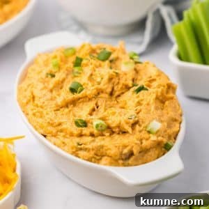 Slow Cooker Buffalo Chicken Dip Recipe for Game Day Snacks 20 Buffalo chicken dip in an oval baking dish.