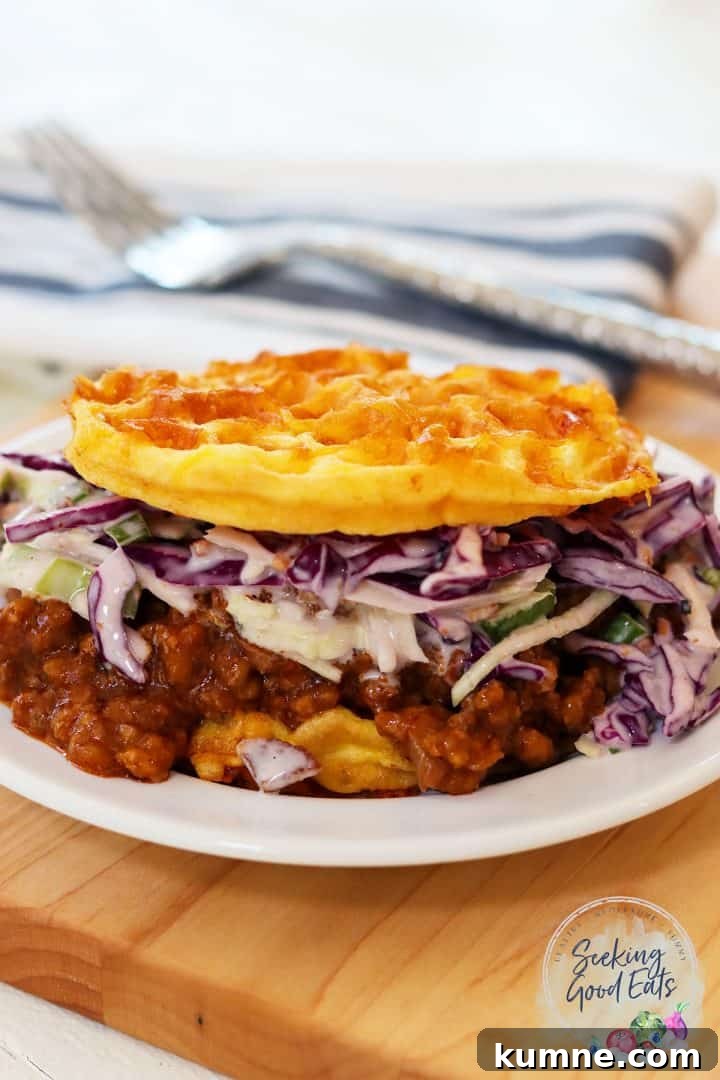 Instant Pot Sloppy Joes Recipe — Quick Comfort Dinner 2 Portait image of instant pot sloppy joes served over a chaffle and topped with coleslaw