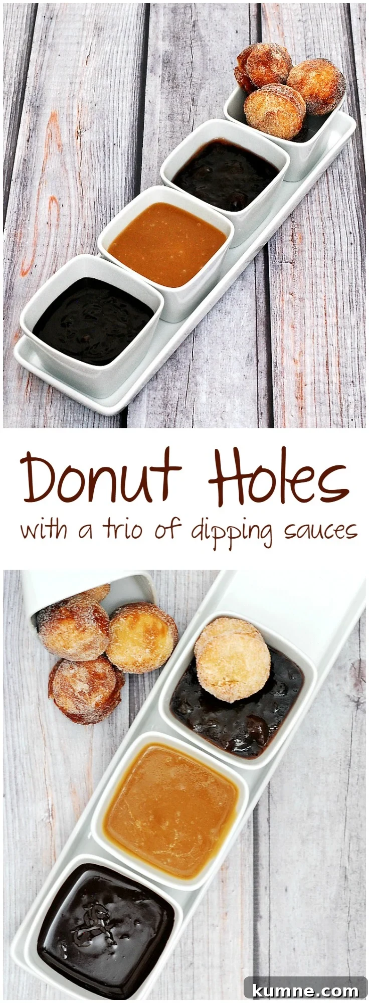 Donut Holes with Three Irresistible Dipping Sauces for Brunch 7 #BrunchWeek continues with sweet sugar-covered fried donut holes, served with three dipping sauces: caramel, chocolate, and blackberry. theredheadbaker.com