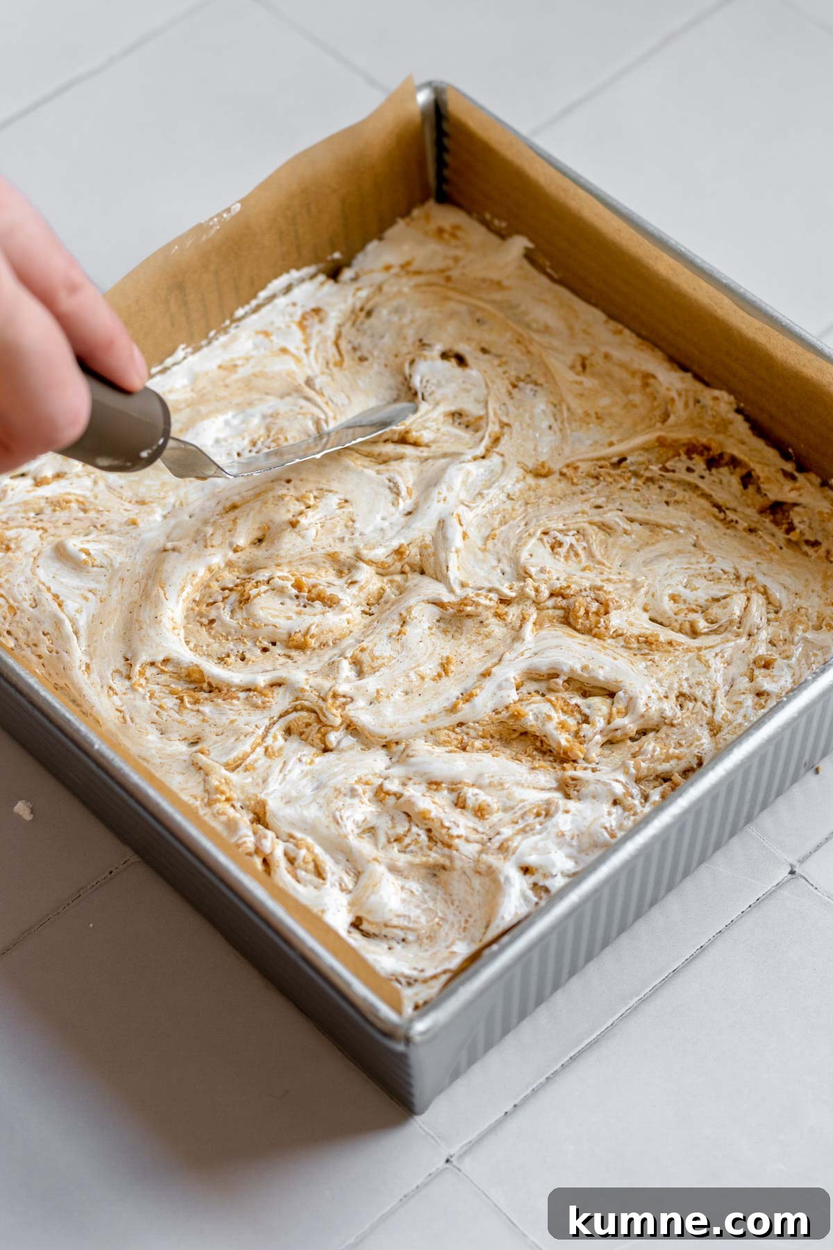 Peanut Butter Marshmallow Fluff Fudge (Fluffernutter) 11 Swirling the fluff into the peanut butter.
