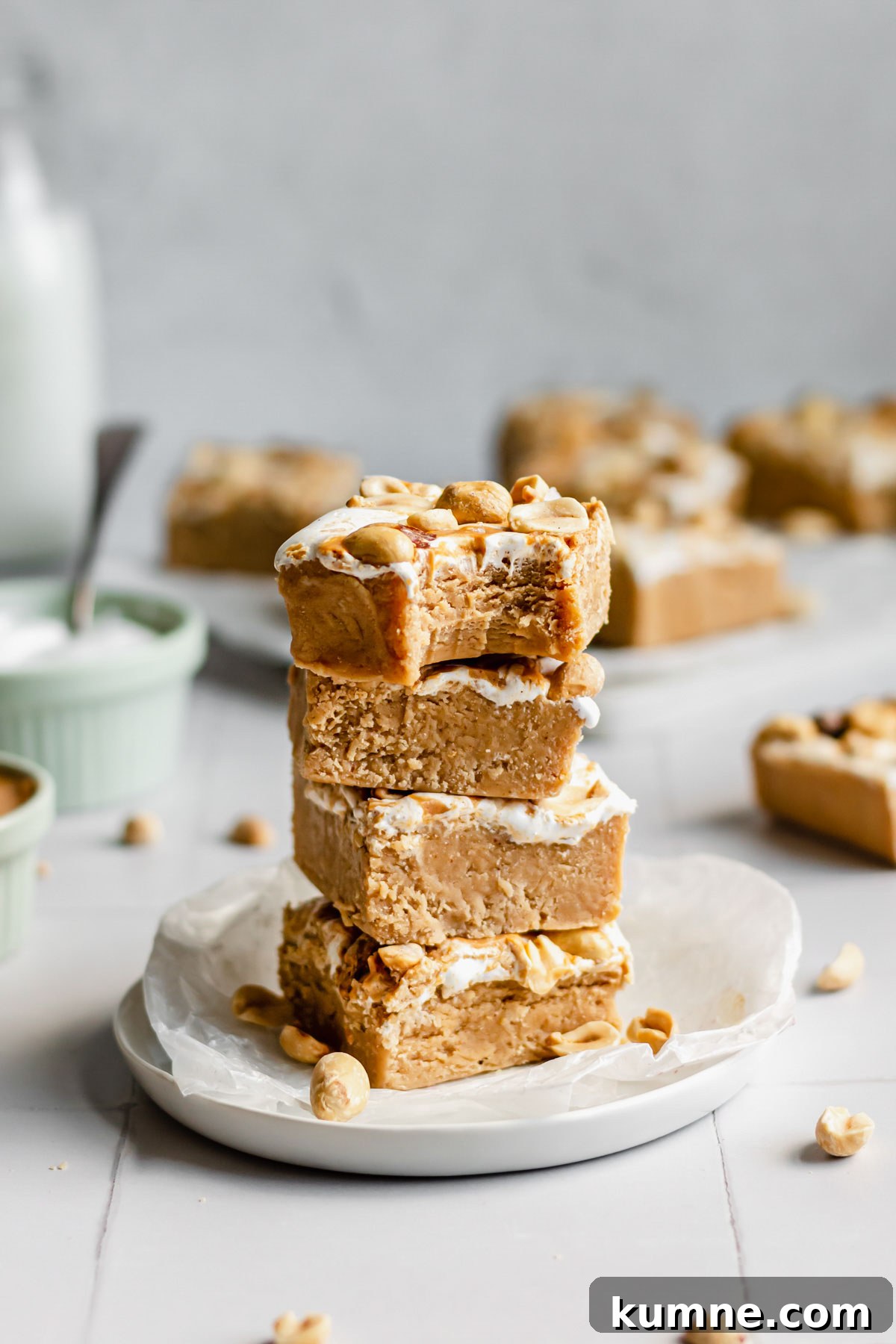 Peanut Butter Marshmallow Fluff Fudge (Fluffernutter) 15 A stack of fluffernutter fudge.