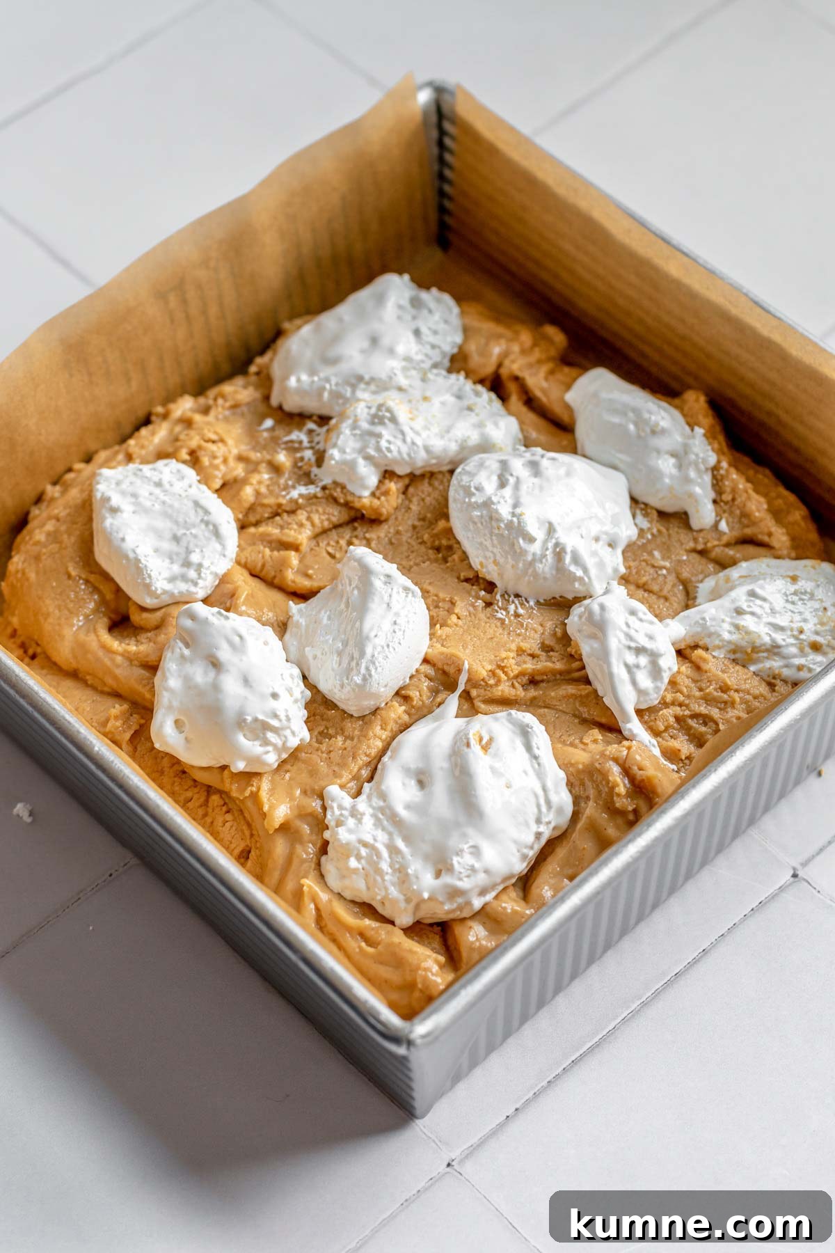 Peanut Butter Marshmallow Fluff Fudge (Fluffernutter) 10 Fluff dollops on top of the peanut butter fudge.