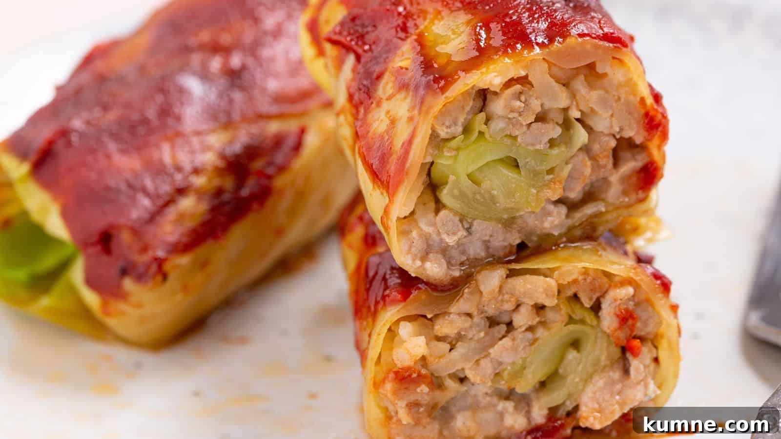 Two cabbage rolls on a plate with fork.