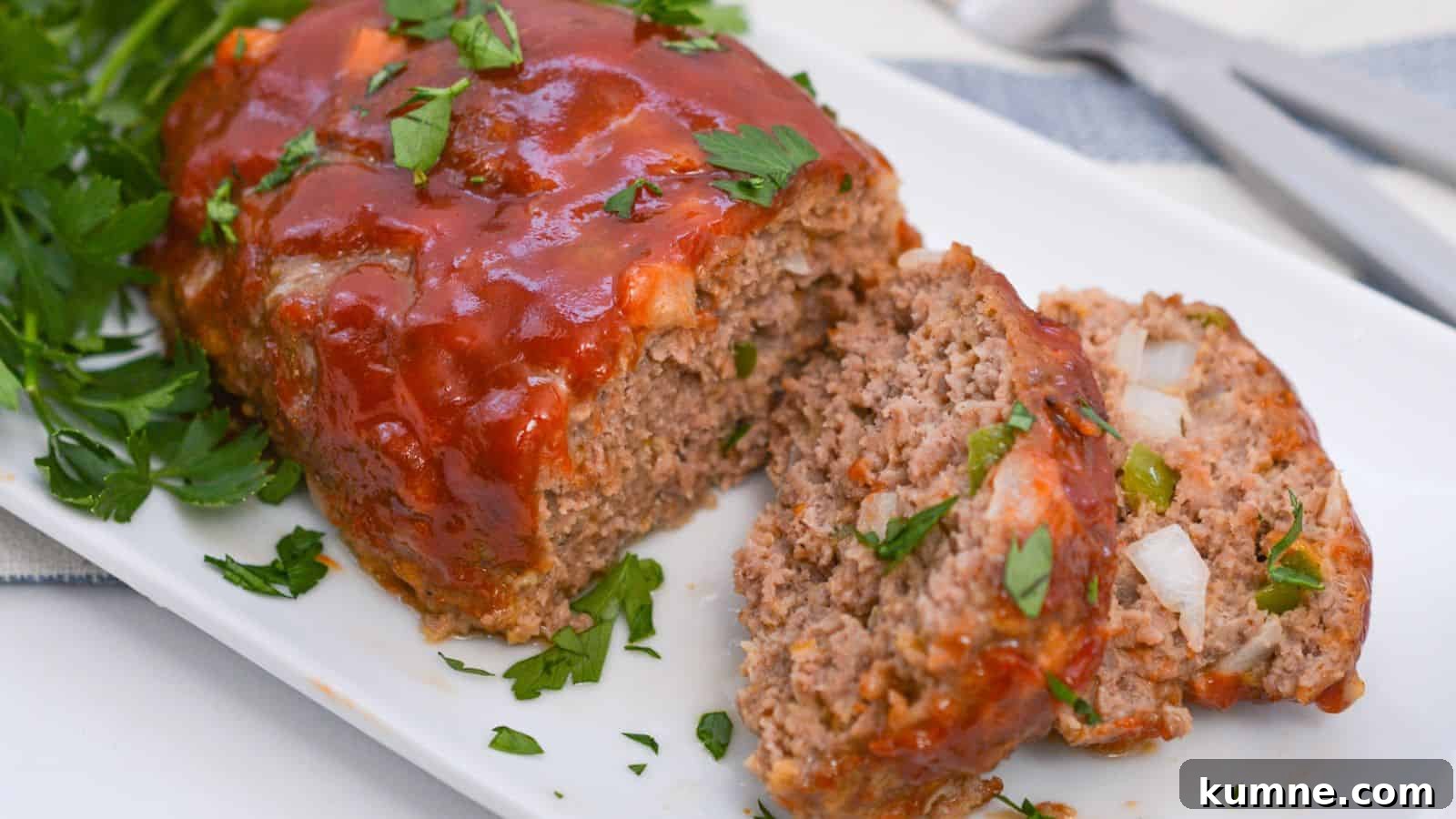 Meatloaf on a white plate with a fork.
