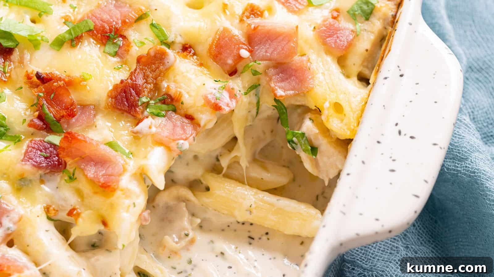 Chicken bacon ranch casserole in baking dish.