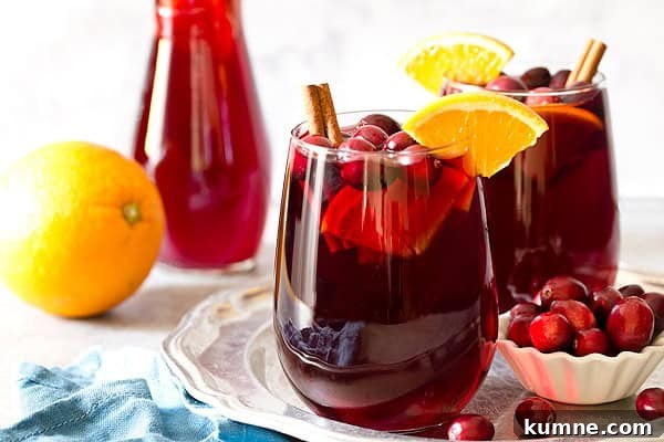 A glass of cranberry sangria garnished with fresh cranberries and an orange slice.