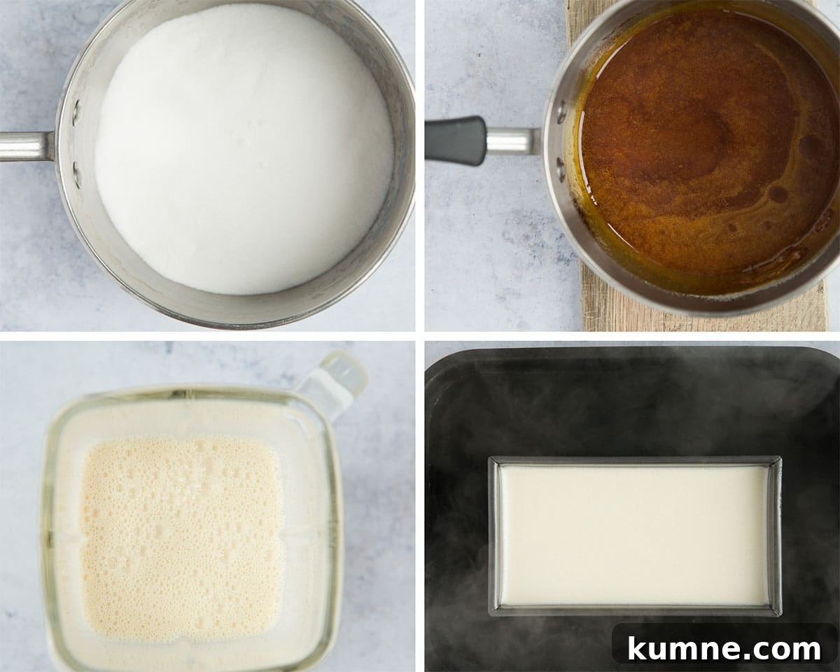 four photo collage showing how to make caramel, blend custard, and prepare a water bath.