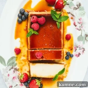flan with berries and mint, sliced into.