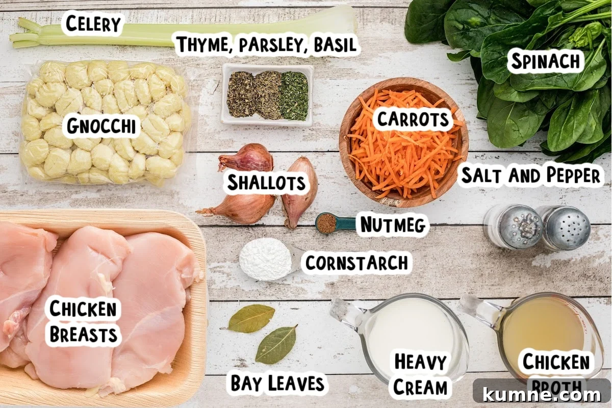 Slow Cooker Chicken and Gnocchi Soup Recipe 3 ingredients for chicken gnocchi soup on table with text overlay.
