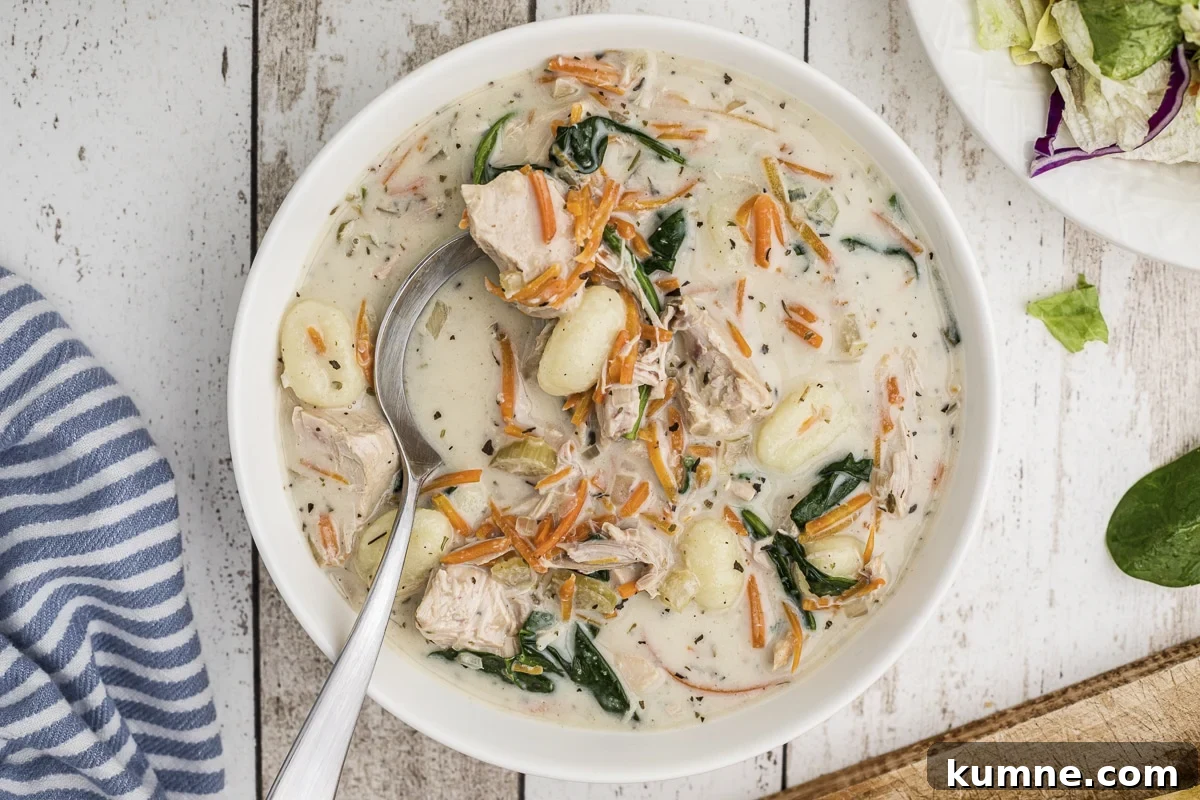 Slow Cooker Chicken and Gnocchi Soup Recipe 7 bowl of chicken gnocchi soup with spoon