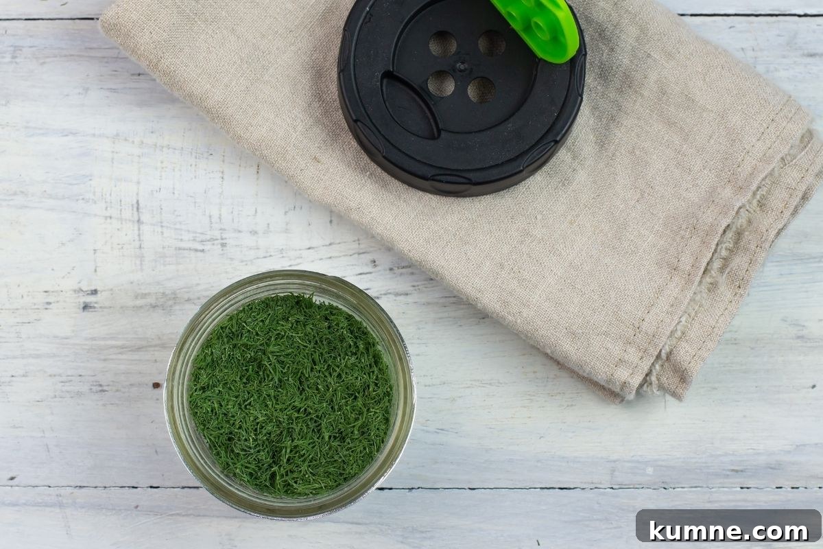 Storing dried dill in a glass mason jar.