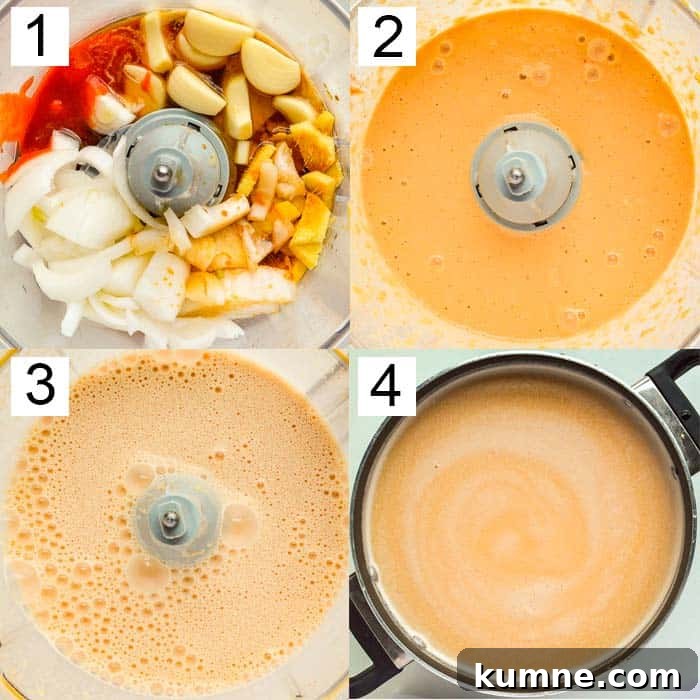 Quick 15-Minute Vegan Miso Ramen Recipe 4 A four part collage showing garlic onions and ginger being ground up and then ground with water and finally added to a pot