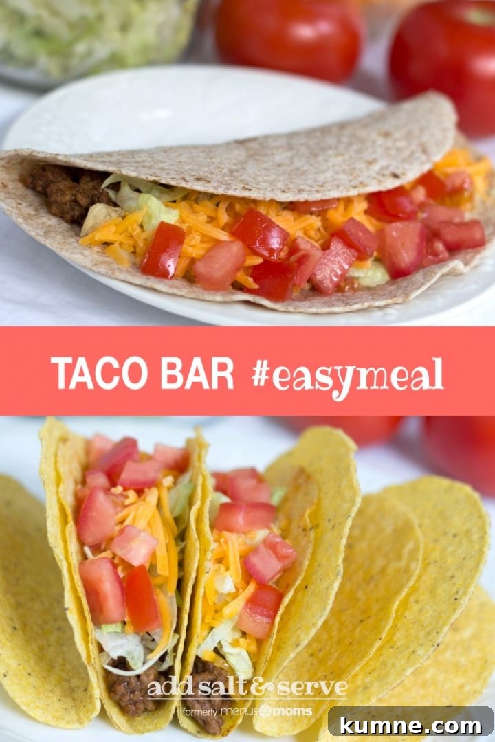 Composite image with top image showing soft taco with shredded lettuce, grated cheese, and chopped tomatoes and bottom image showing hard tacos garnished the same way and text Taco Bar #easymeal