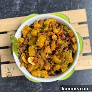 Crispy Bitter Gourd Stir-Fry (Pavakkai Poriyal) 2 Delicious bitter gourd stir fry with spices and herbs, perfect for healthy Indian meals.