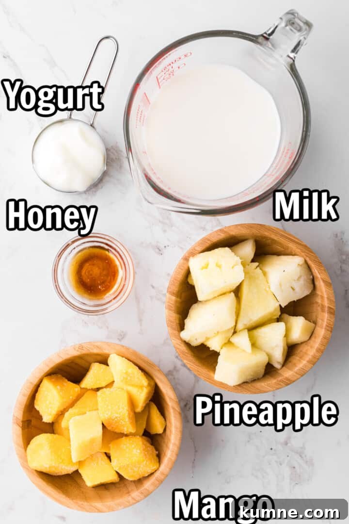 Creamy Mango Pineapple Smoothie Recipe for Tropical Refreshment 4 ingredients for the Mango Pineapple Smoothie.