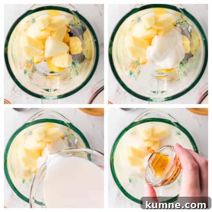 Creamy Mango Pineapple Smoothie Recipe for Tropical Refreshment 6 adding the ingredients to the blender.