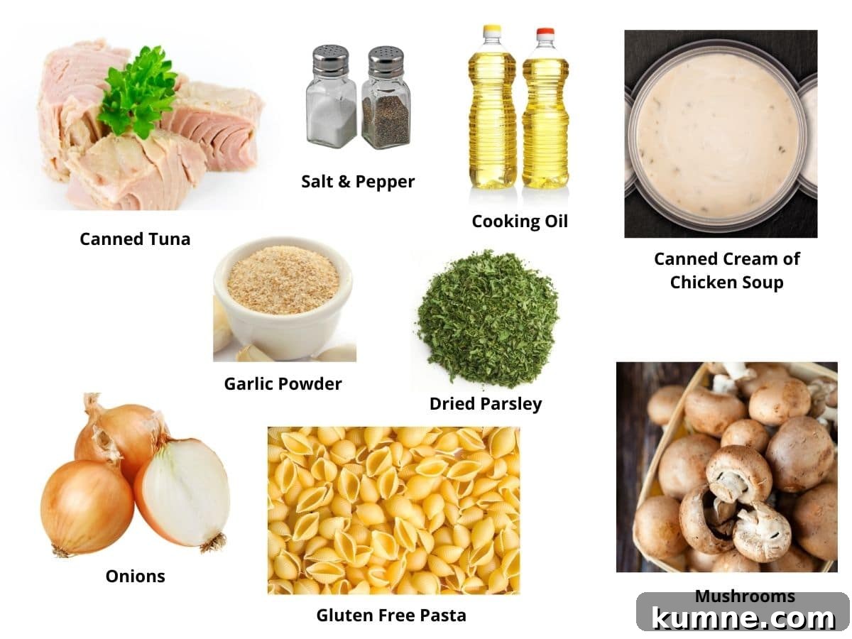 Photos of the tuna casserole ingredients.