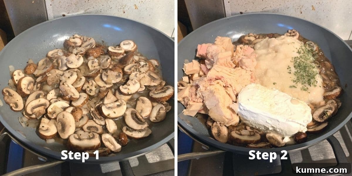 Photos of steps 1 and 2 in making the tuna casserole.