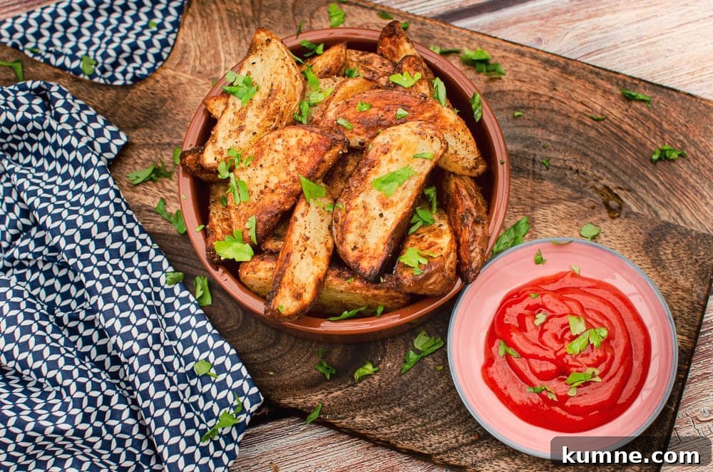 Spicy Curried Potato Wedges covered in chopped parsley a tapas dish with ketchup served for dipping on the side