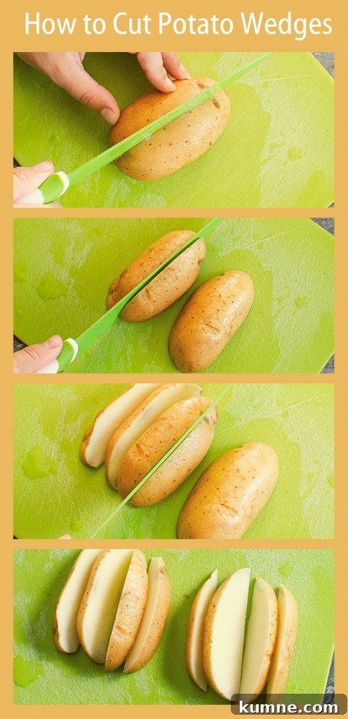 Images of cutting potatoes into wedges on a green chopping board and using a green knife