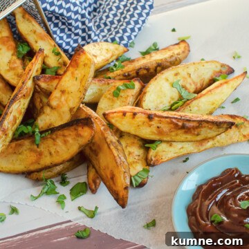 spicy curried potato wedges sprinkled with chopped basil, pouring out of a silver fry basket on white parchment paper with bbq sauce on the side