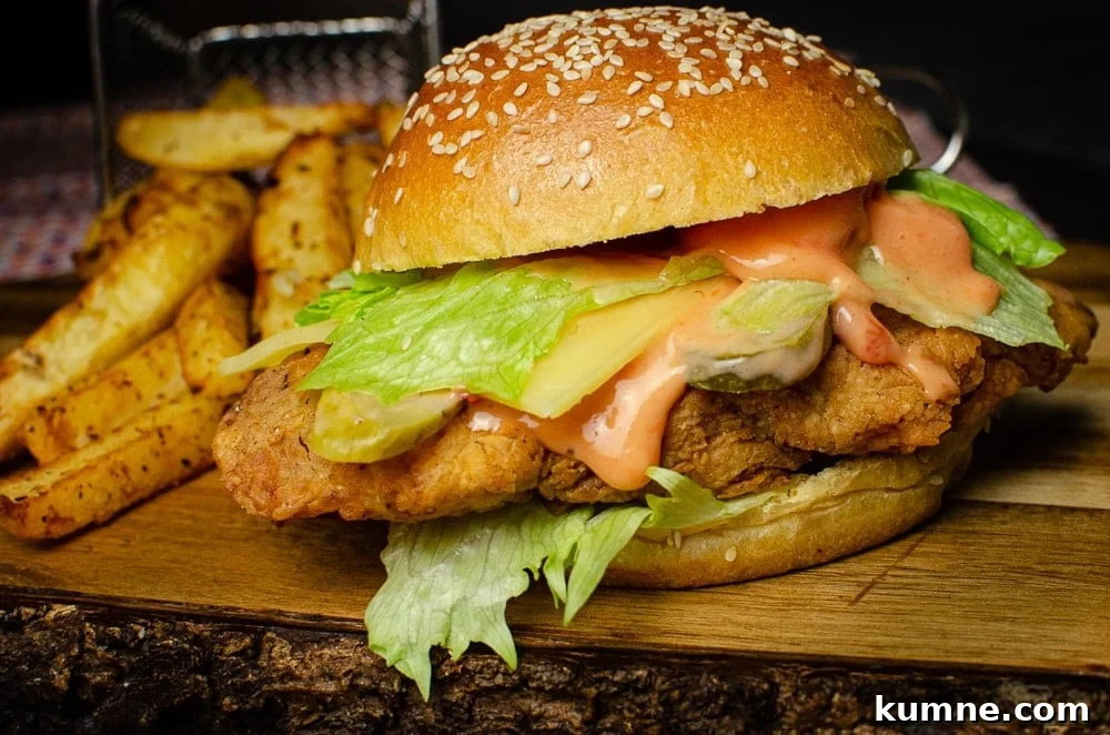 Spicy Chicken Burger on a wooden board served with chips behind the burger