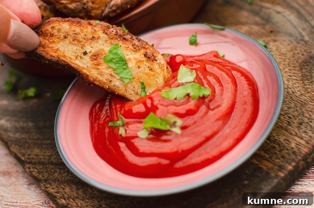 Spicy Curried Potato Wedges being dipped into ketchup in a pink dish
