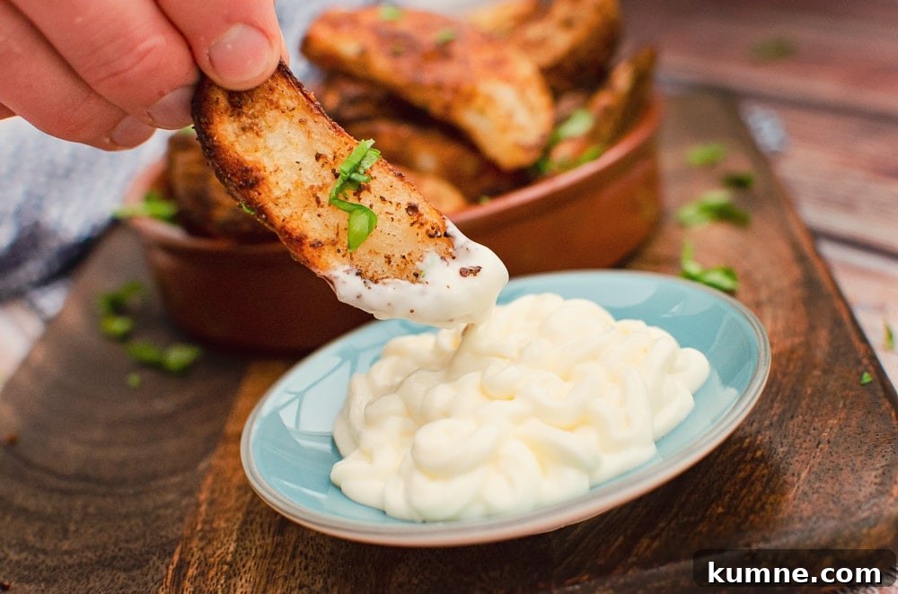 Spicy Curried Potato Wedges being dipped into mayonnaise in a blue dish