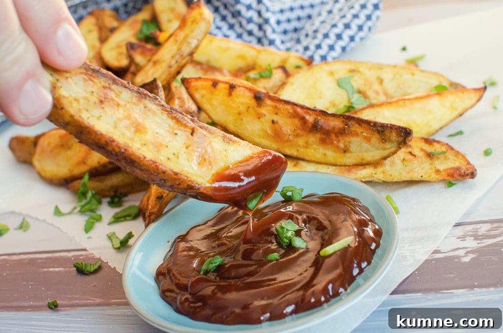 Dipping the potato wedge in BBQ sauce