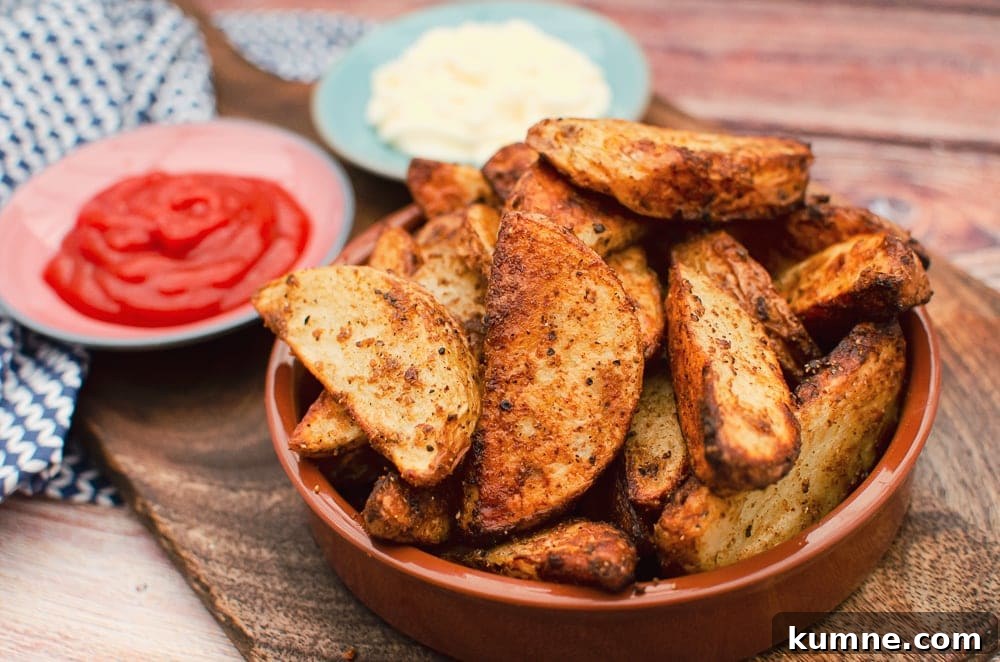 Spicy Curried Potato Wedges in a tapas dish with ketchup and mayo served for dipping on the side