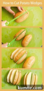 Images of cutting potatoes into 8 wedges on a green chopping board and using a green knife