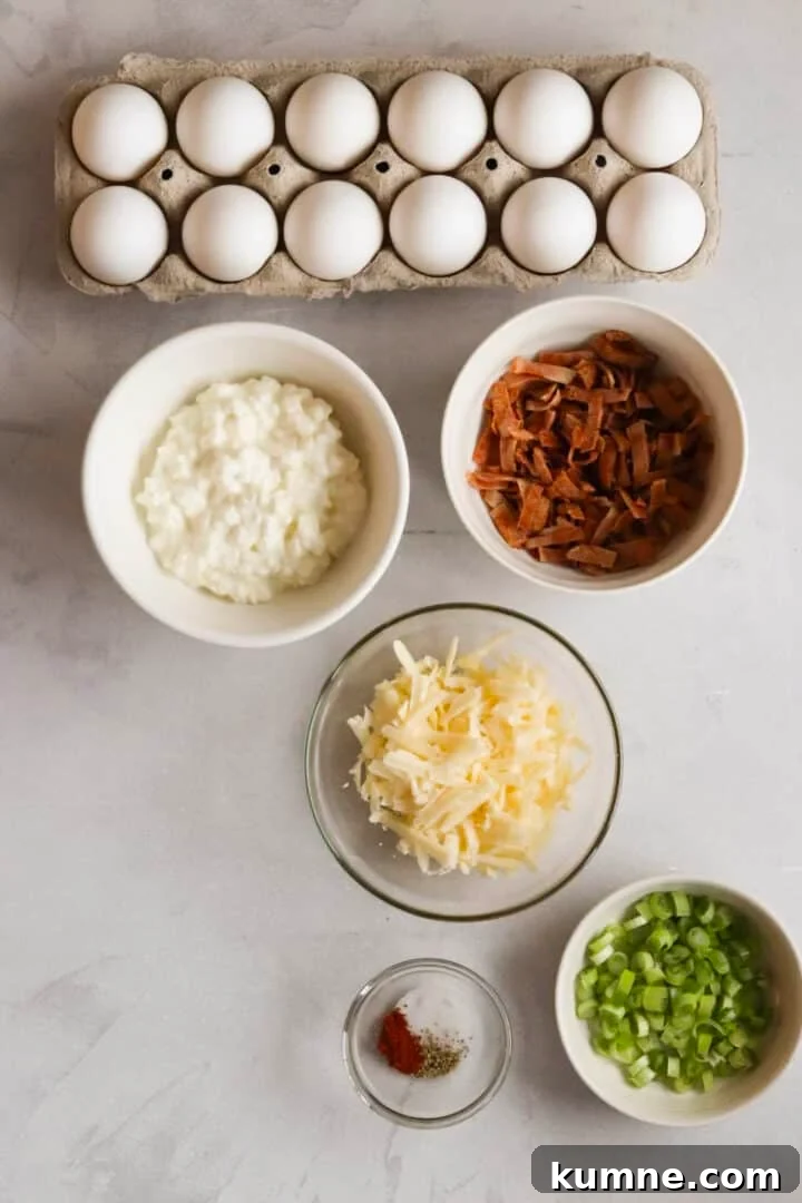 Cottage Cheese Frittata with Eggs and Herbs 4 Ingredients for cottage cheese egg bake displayed in small bowls on a grey marble counter