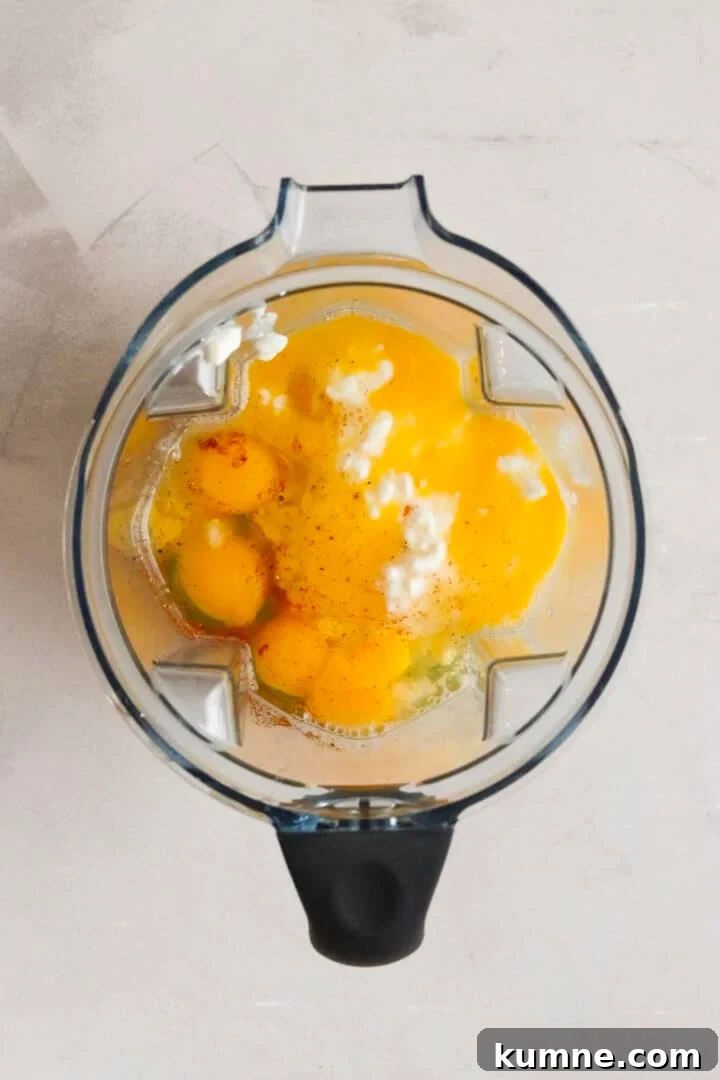 Cottage Cheese Frittata with Eggs and Herbs 5 Ingredients for cottage cheese egg bake in a large blender, unmixed