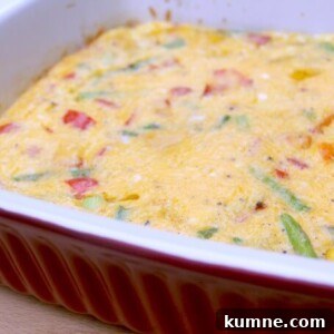 A red dish of a frittata.