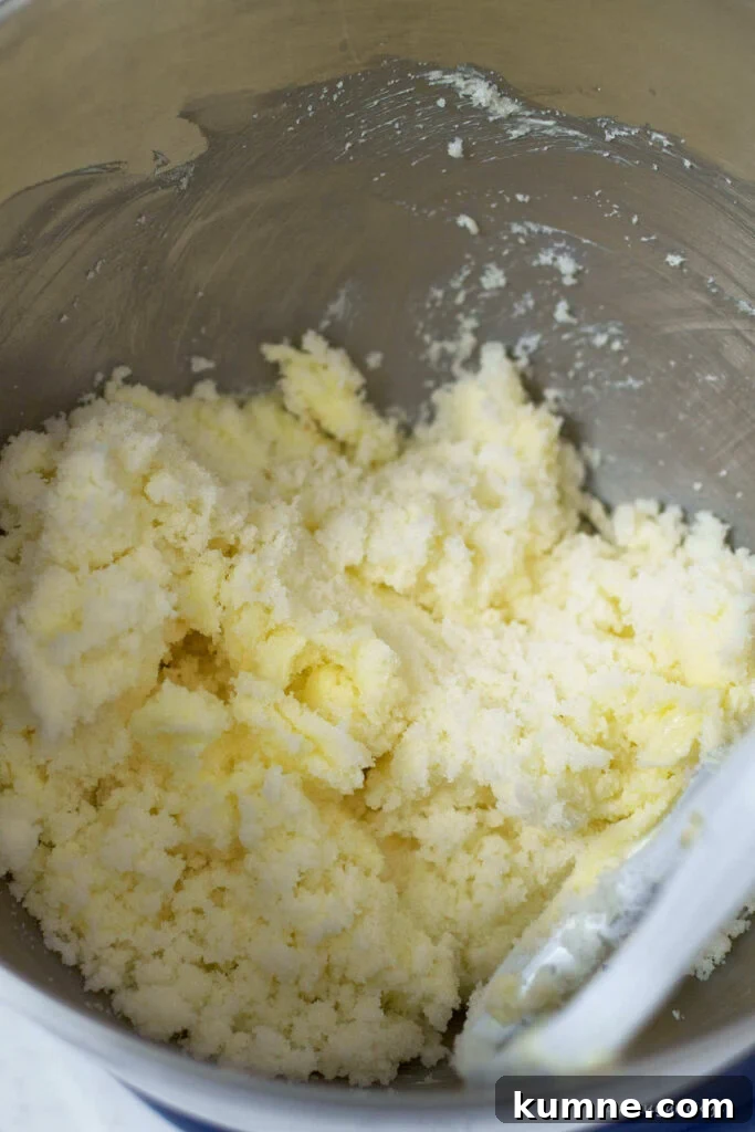 butter and sugar being creamed together in a mixing bowl