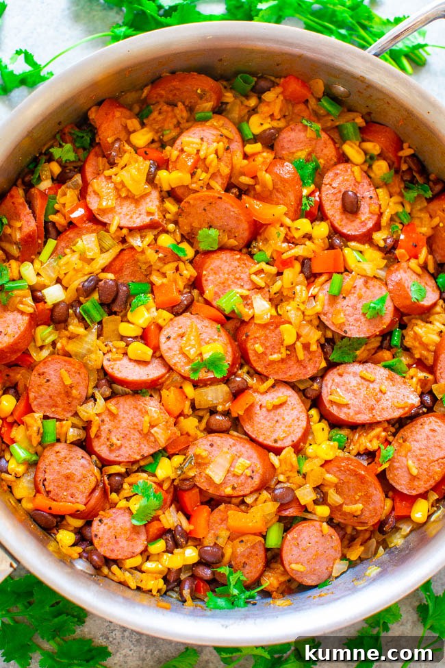 15-Minute Mexican Sausage, Black Beans, and Rice Skillet. 