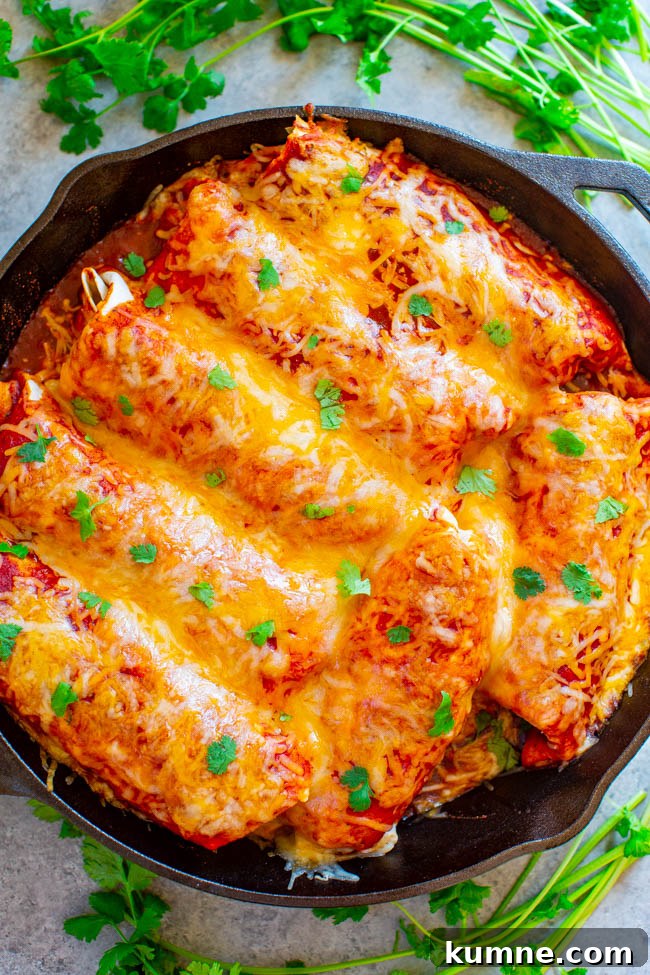 Cheese-topped enchiladas in a skillet garnished with fresh herbs.