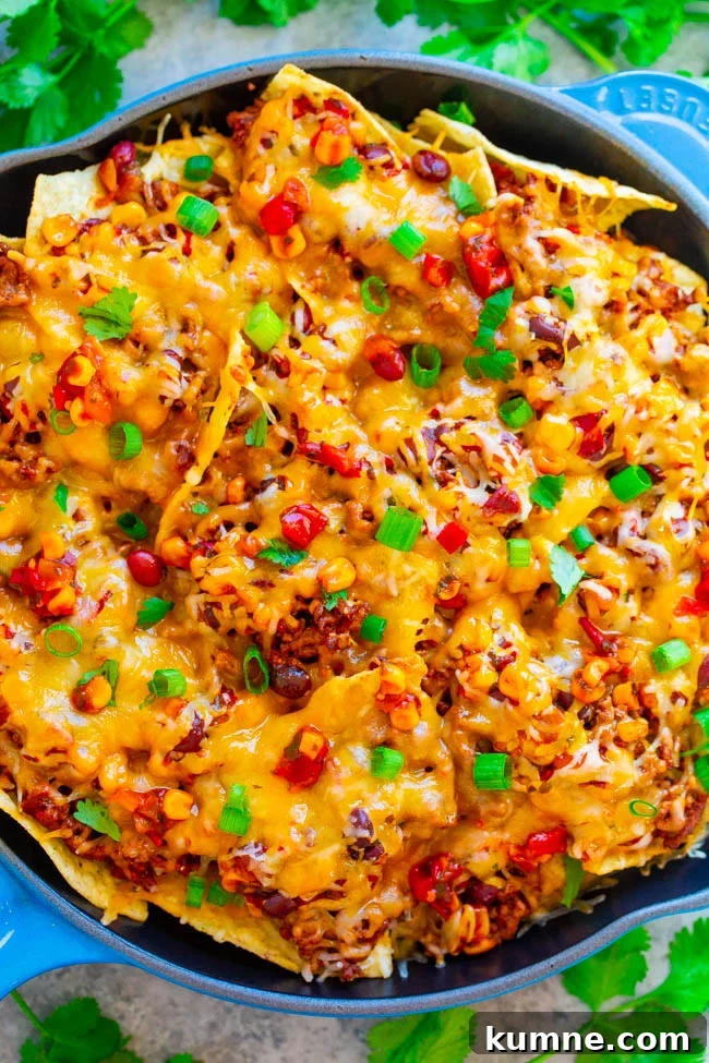 Loaded Beef Skillet Nachos. 