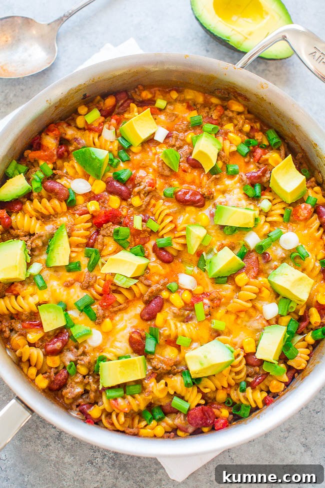 One Skillet Beef Taco Pasta. 