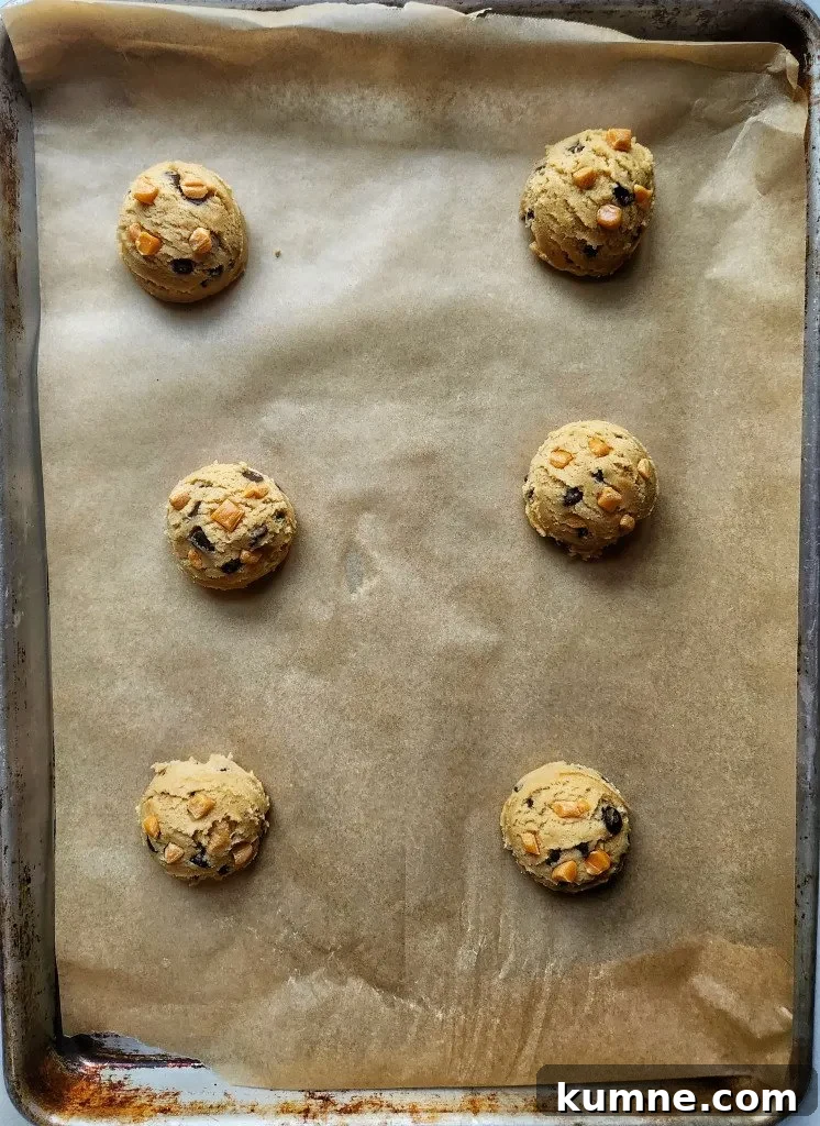 Chewy Caramel Chocolate Chip Cookies You’ll Crave 6 cookies ready for the oven