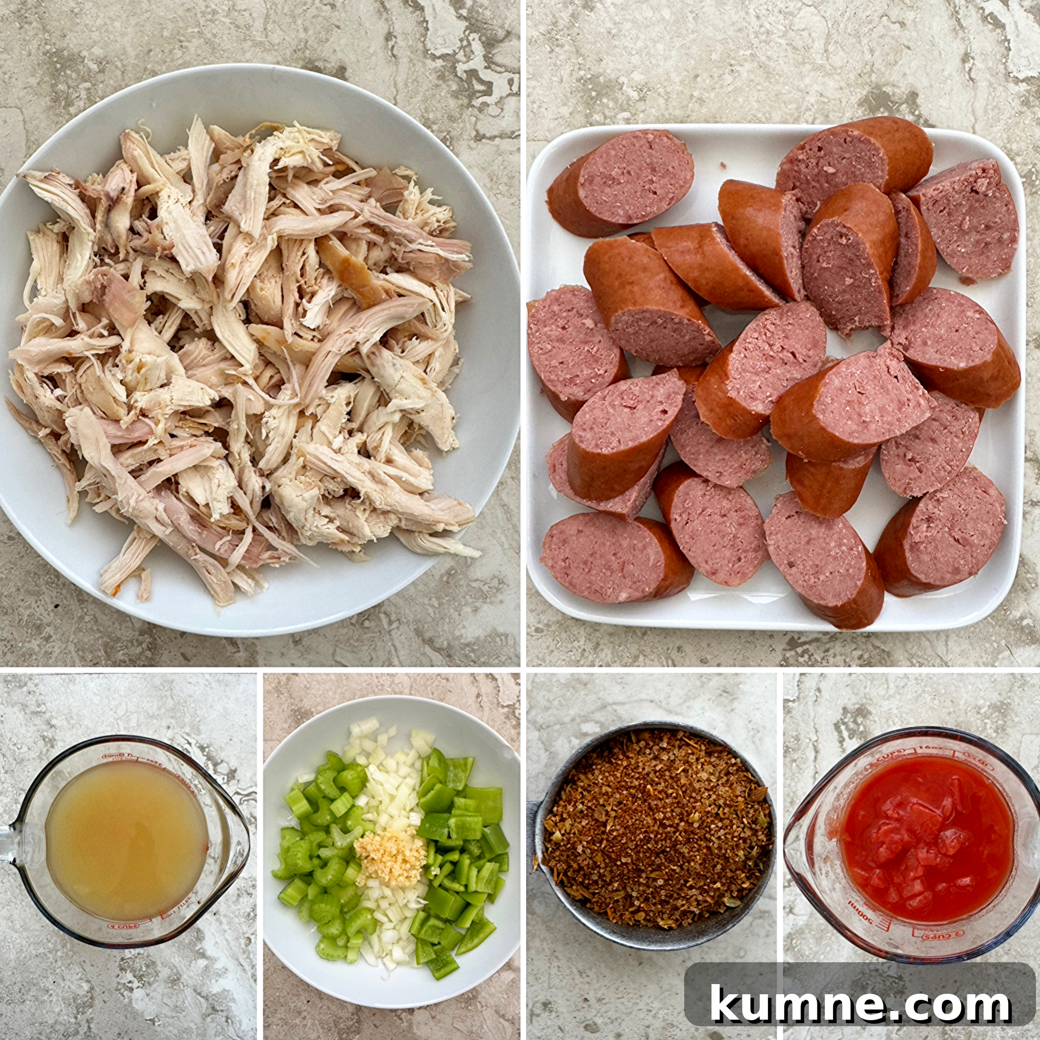 Crockpot Cajun Turkey Sausage Soup (Video Recipe) 3 collage of ingredients for Crockpot Cajun Turkey Sausage Soup
