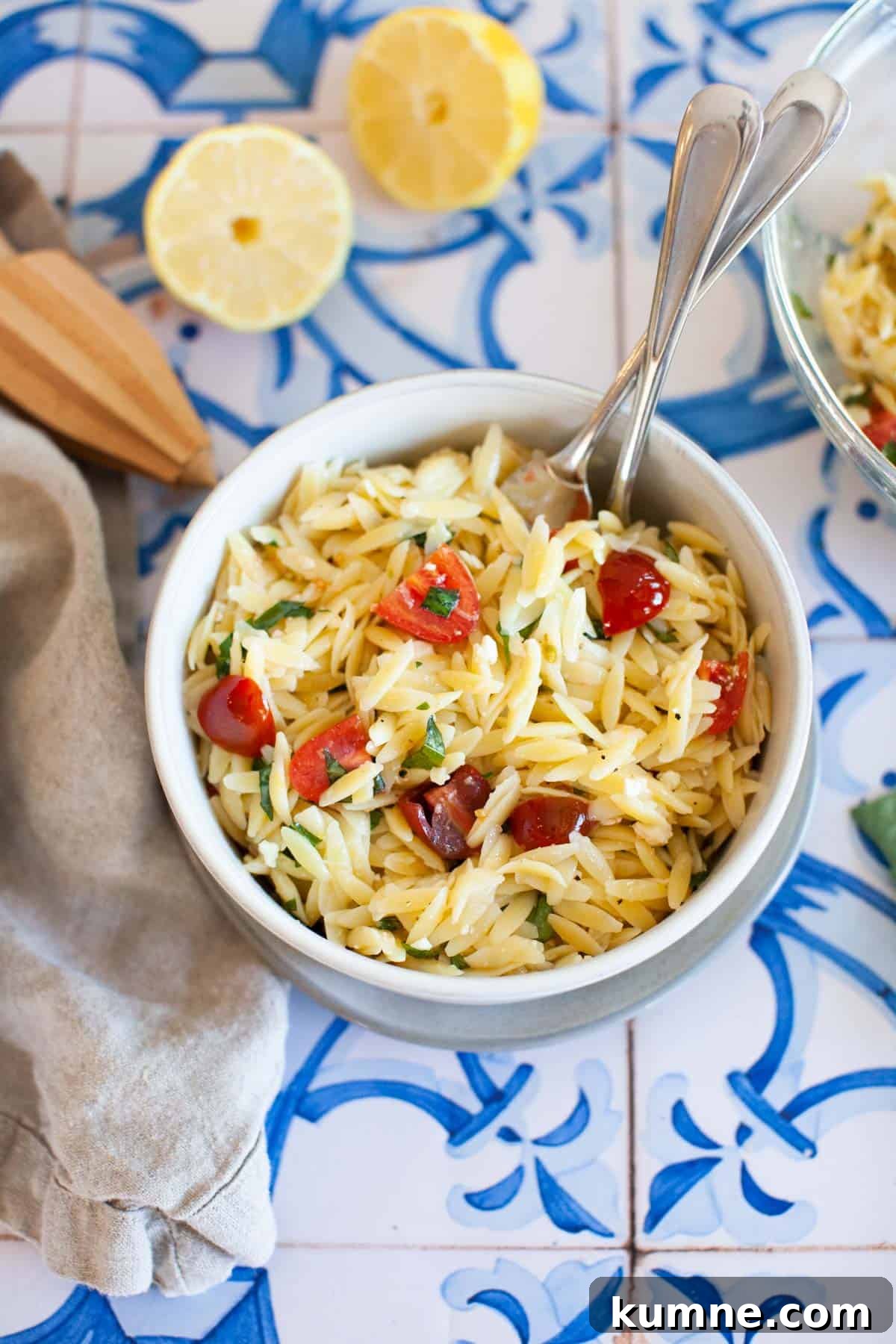 Lemon orzo pasta in a bowl on countertop.