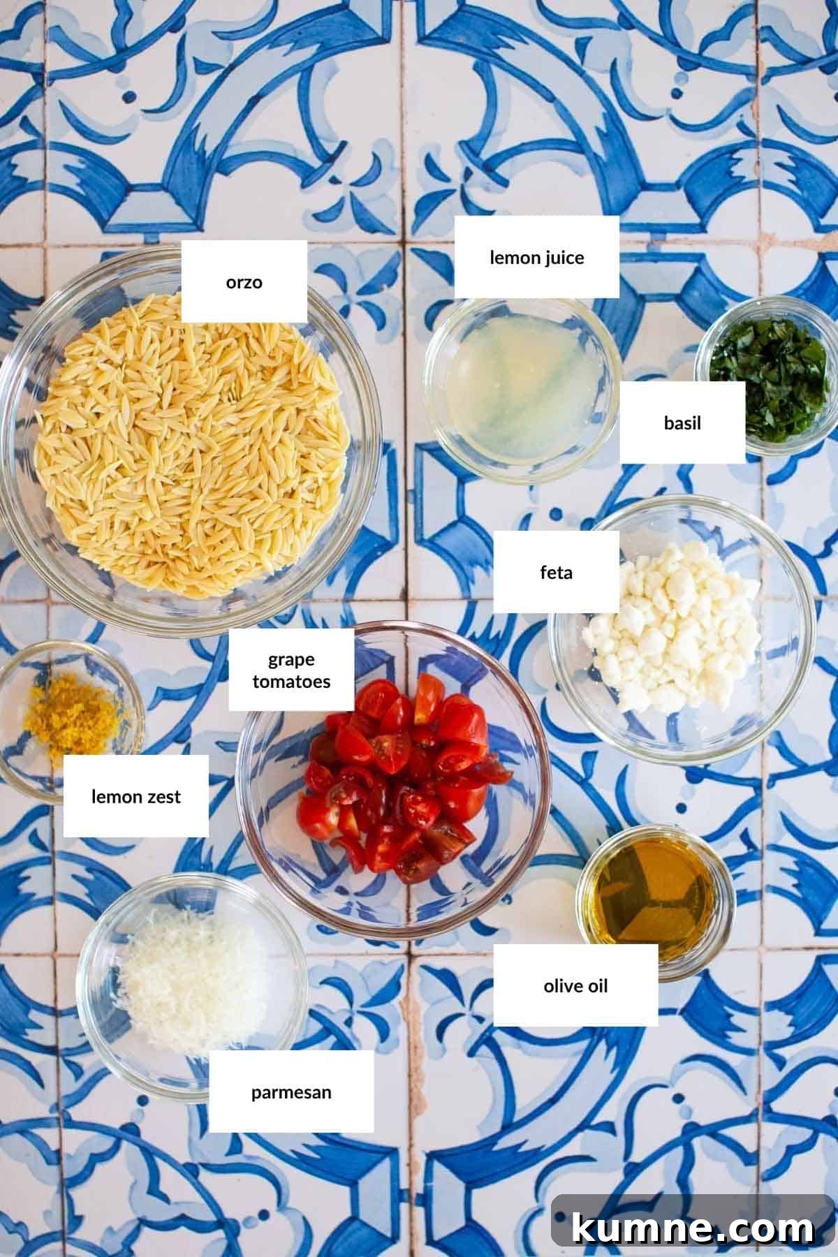 Top-down view of labeled ingredients for lemon orzo pasta salad.