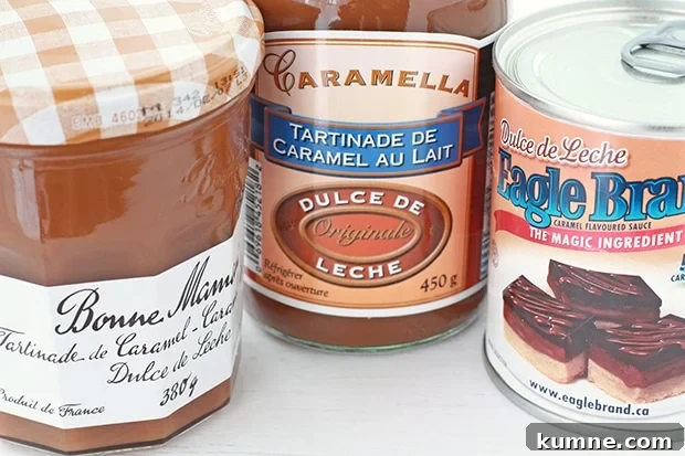 Three types of dulce de leche from the grocery store, side-by-side.