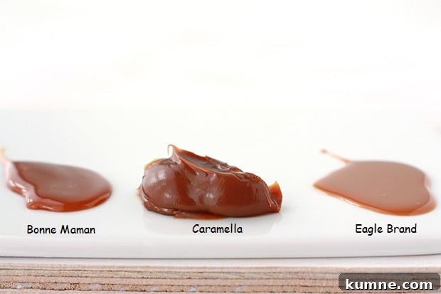 Comparison of three brands of store bought dulce de leche: Bonne Maman, Caramella, and Eagle Brand.