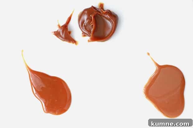 Comparison of three dollops of dulce de leche to show that the top one is much thicker than the two on the bottom.
