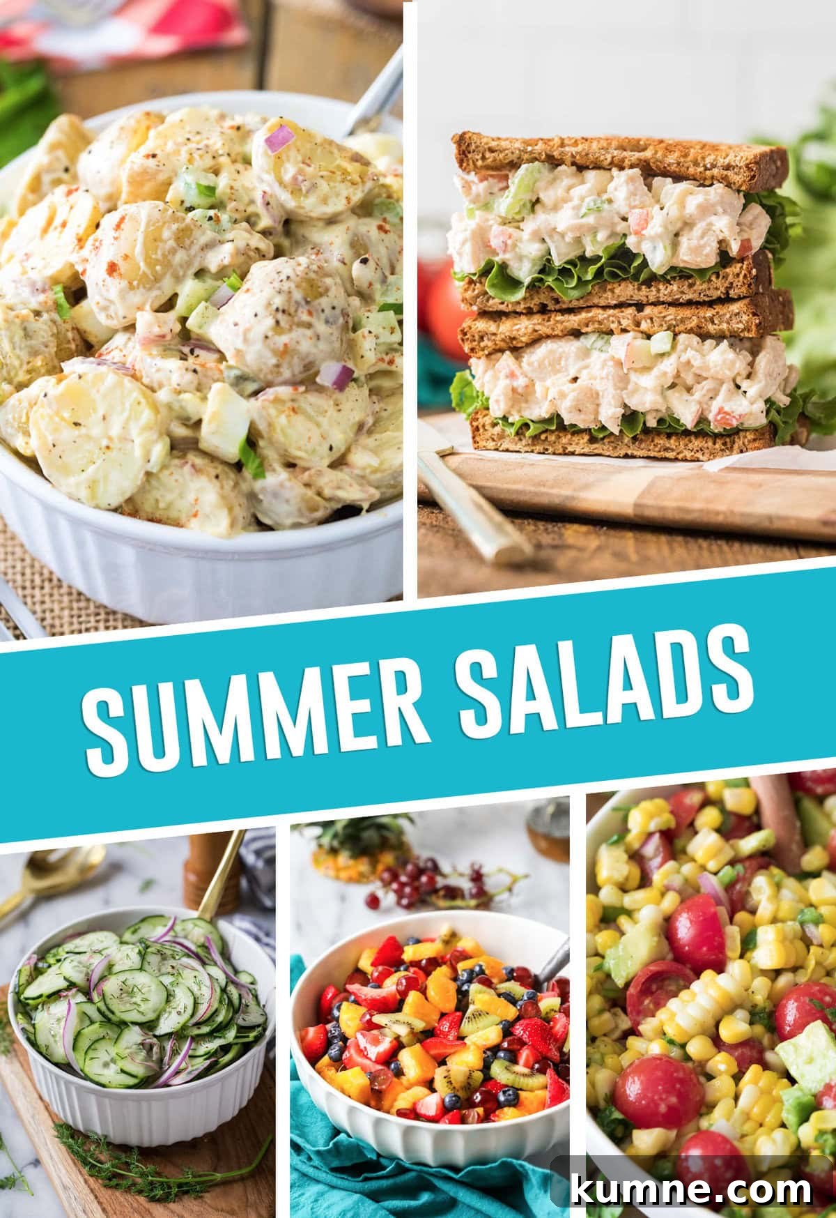 collage of summer salads, chicken salad, cucumber, fruit, and pasta salad