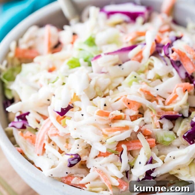 large bowl of homemade coleslaw full of shredded green and purple cabbage, carrots, and creamy dressing